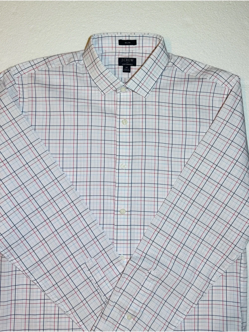 J. Crew Performance Slim Men’s White Shirt with Blue and Red Windowpane Check